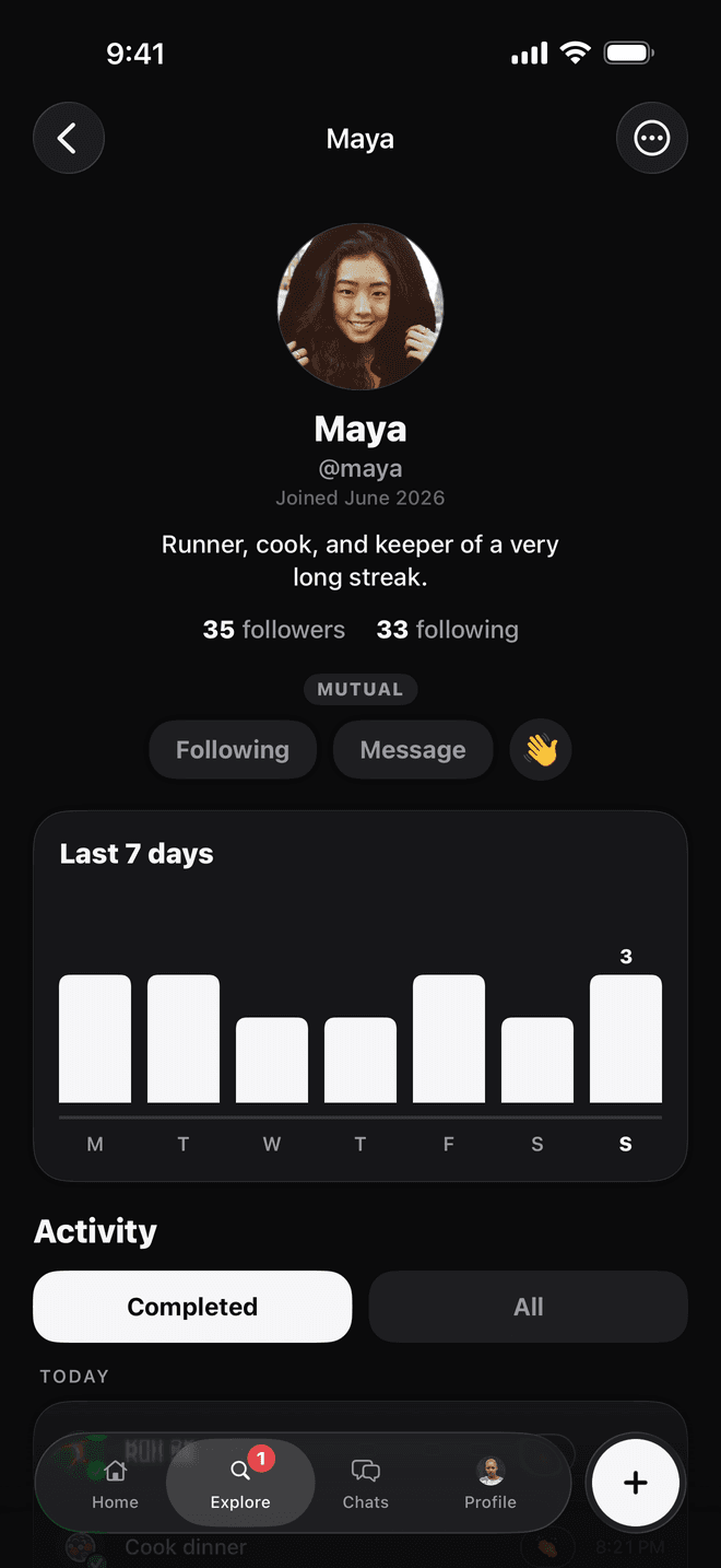 A person's Kudos profile showing their streak, weekly progress, and completed tasks you can cheer on.