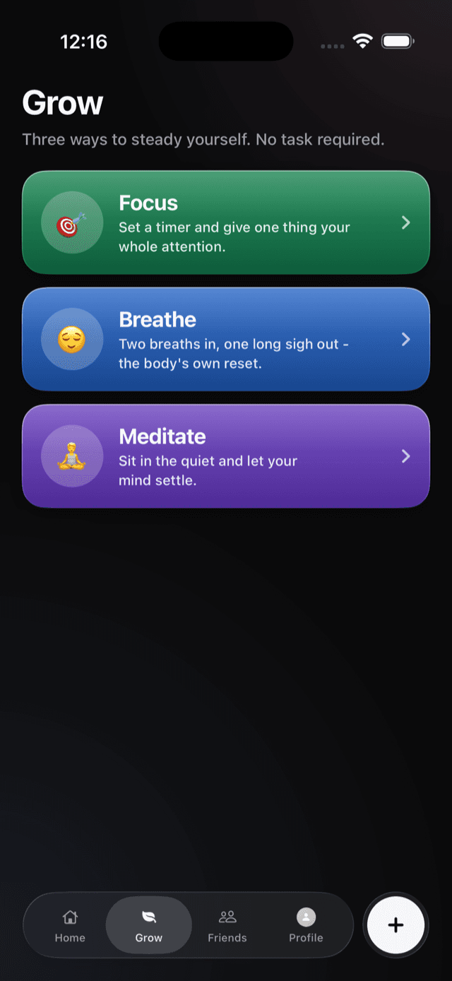 The Kudos Grow tab: three coloured cards for Focus, Breathe, and Meditate.