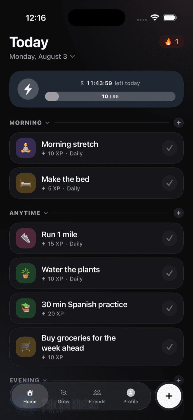 The Kudos home screen: today's tasks grouped into morning, anytime, and evening, each with an emoji, an XP value, and a tick to complete it.