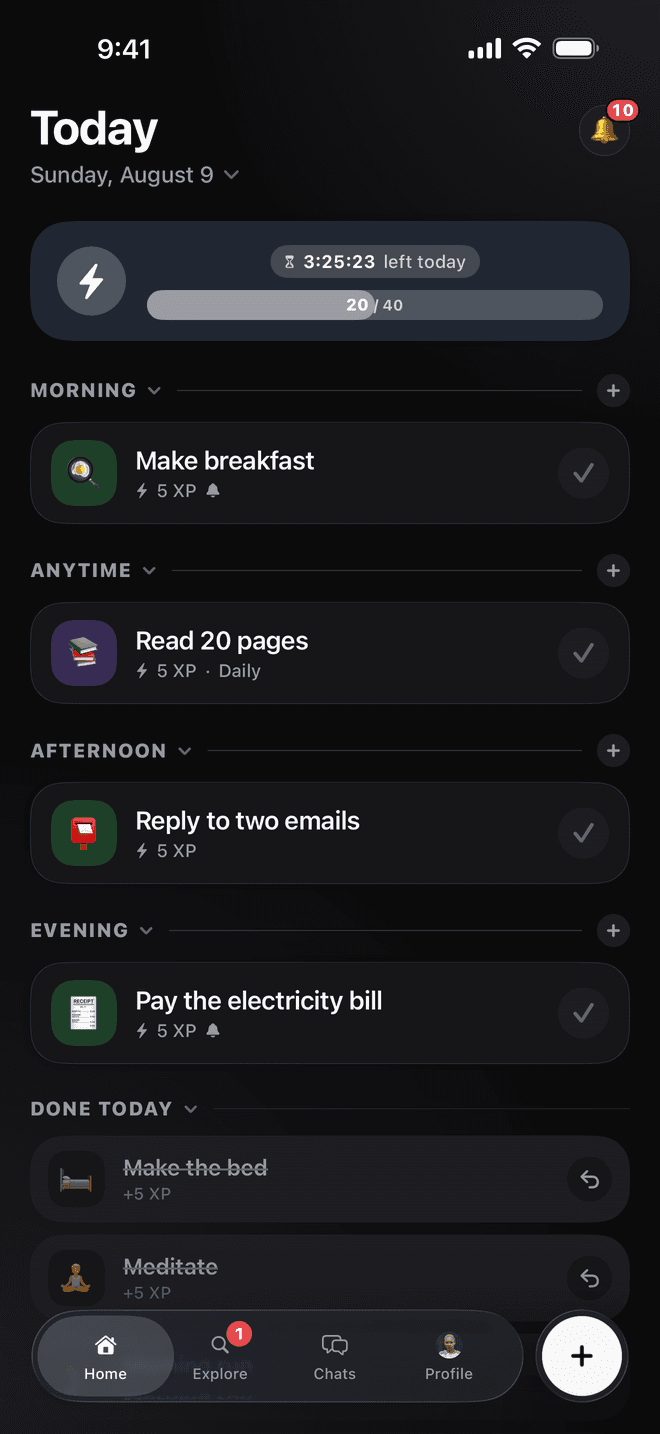 Kudos Today: daily tasks, XP for completed work, and a progress bar toward your daily goal.